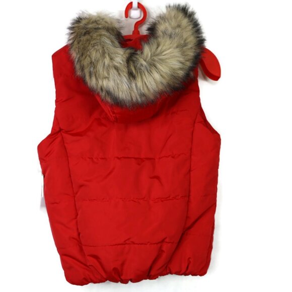 Liz Claiborne Red Quilted Puffer Vest Size L Large Fur Trim Hood Zipper - Picture 2 of 12